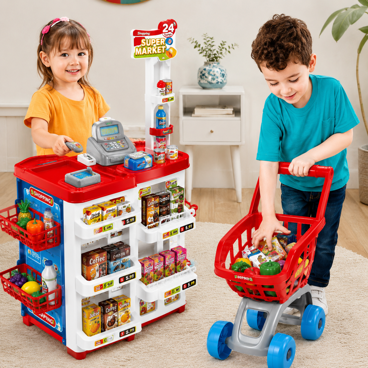 Kids Supermarket Shopping Cart Toy Set | Cash Register & Shopping Trolley for Kids