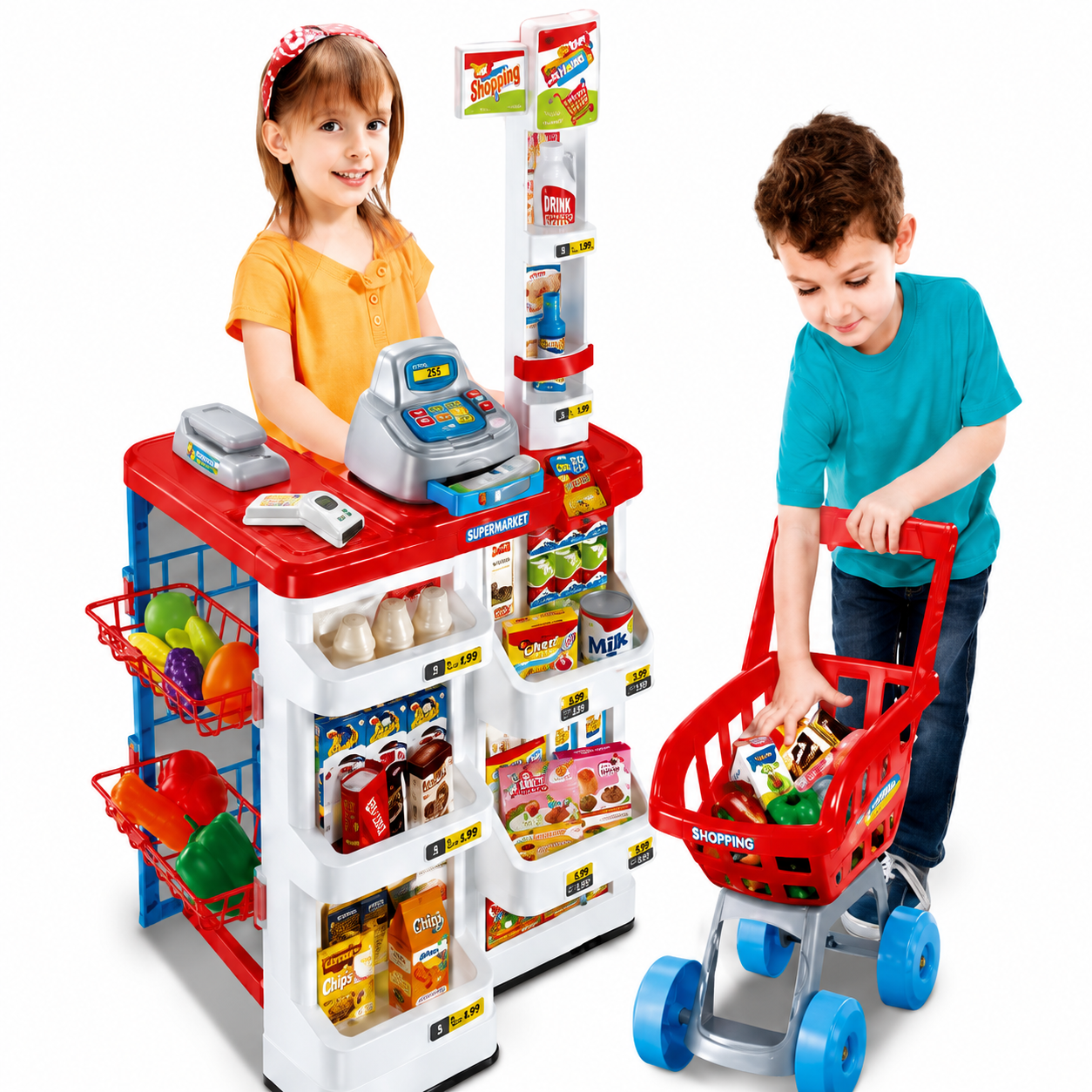 Kids Supermarket Shopping Cart Toy Set | Cash Register & Shopping Trolley for Kids